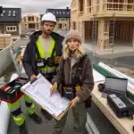 Client and contractor review ns 8407 contract and plans on norwegian building site