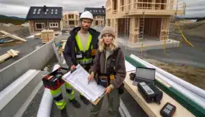 Client and contractor review ns 8407 contract and plans on norwegian building site