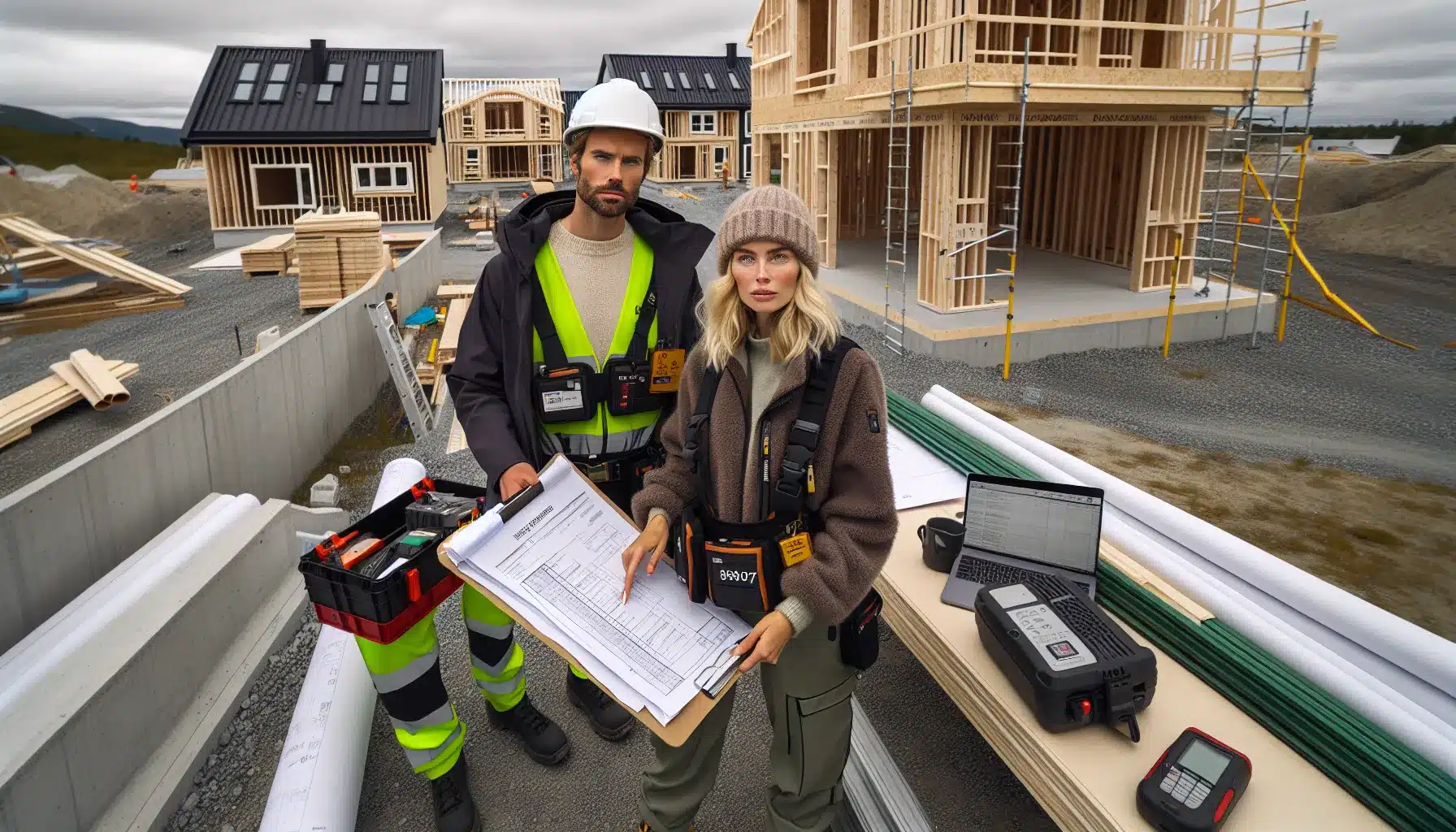 Client and contractor review ns 8407 contract and plans on norwegian building site