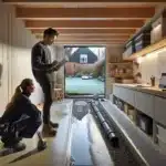 Contractor and homeowner planning a modern norwegian basement with egress window