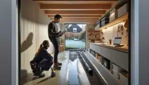 Contractor and homeowner planning a modern norwegian basement with egress window