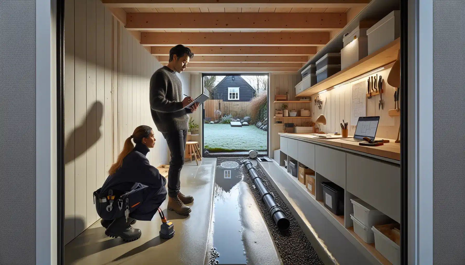 Contractor and homeowner planning a modern norwegian basement with egress window