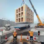 Crane lowers modular unit onto norwegian school as workers guide in winter