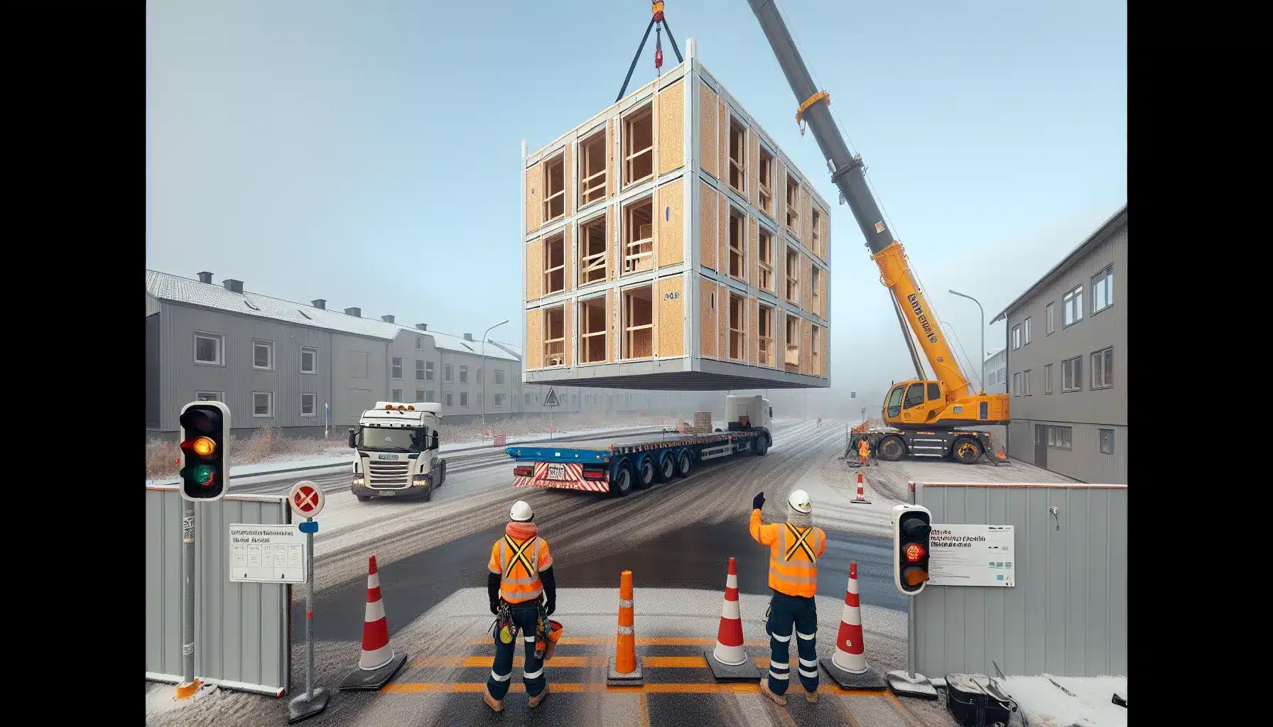 Crane lowers modular unit onto norwegian school as workers guide in winter