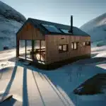 Energy efficient norwegian mountain cabin with solar panels and south facing windows in winter