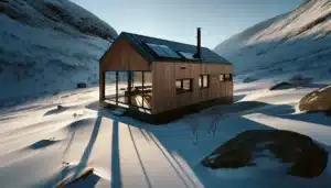 Energy efficient norwegian mountain cabin with solar panels and south facing windows in winter