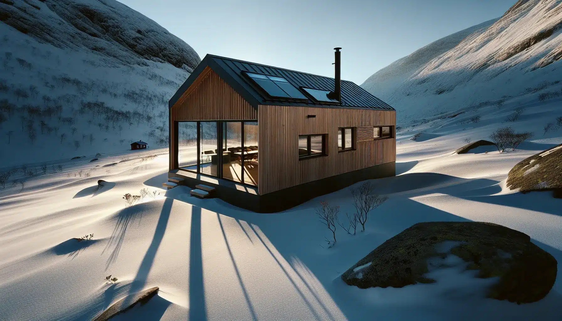 Energy efficient norwegian mountain cabin with solar panels and south facing windows in winter