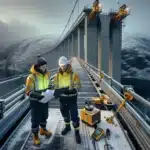 Engineers inspect a norwegian fjord suspension bridge in icy winter light