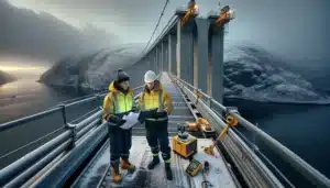 Engineers inspect a norwegian fjord suspension bridge in icy winter light