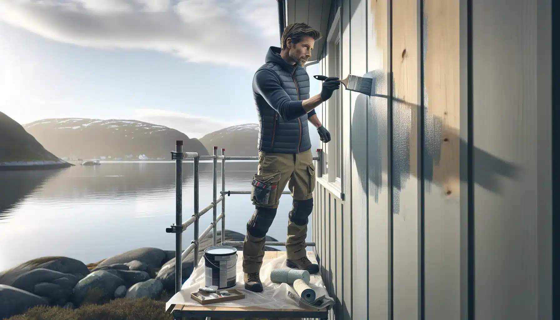 Homeowner painting coastal norwegian house with weather rated exterior paint