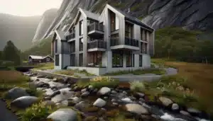 Modern norwegian building with rain garden under storm clouds by a fjord