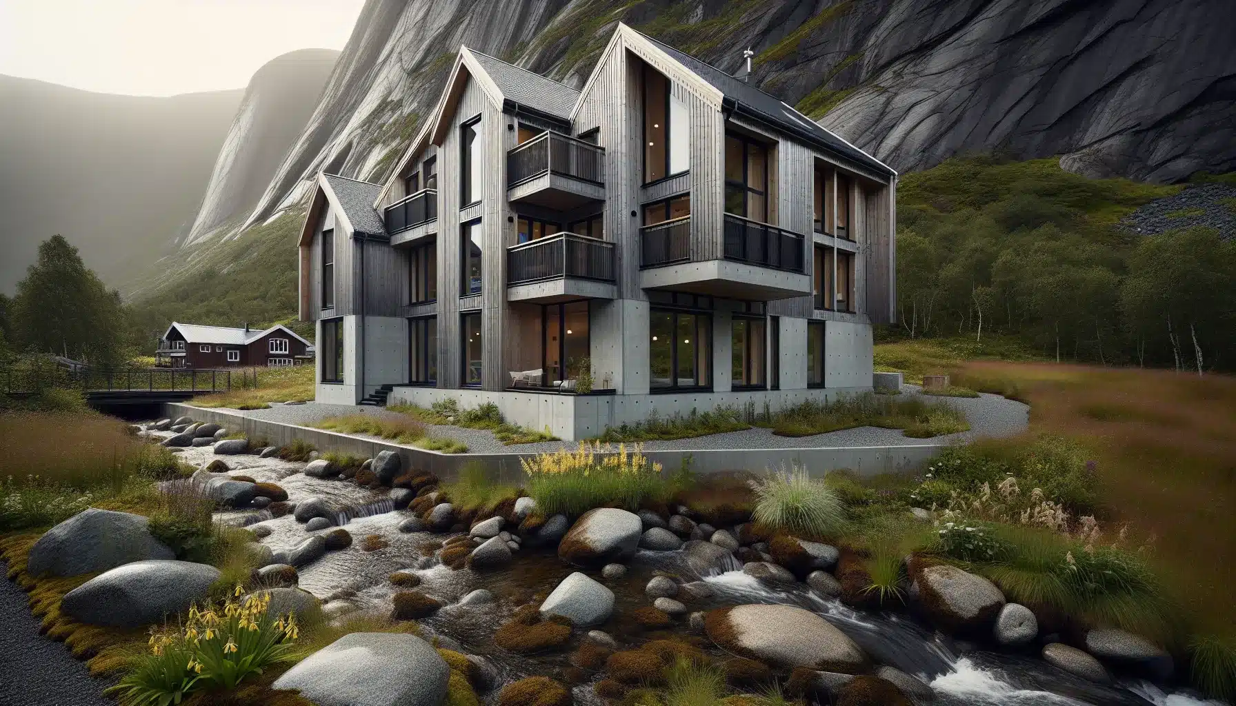 Modern norwegian building with rain garden under storm clouds by a fjord