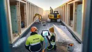 Norwegian construction site with electric machinery low carbon concrete and sorted waste