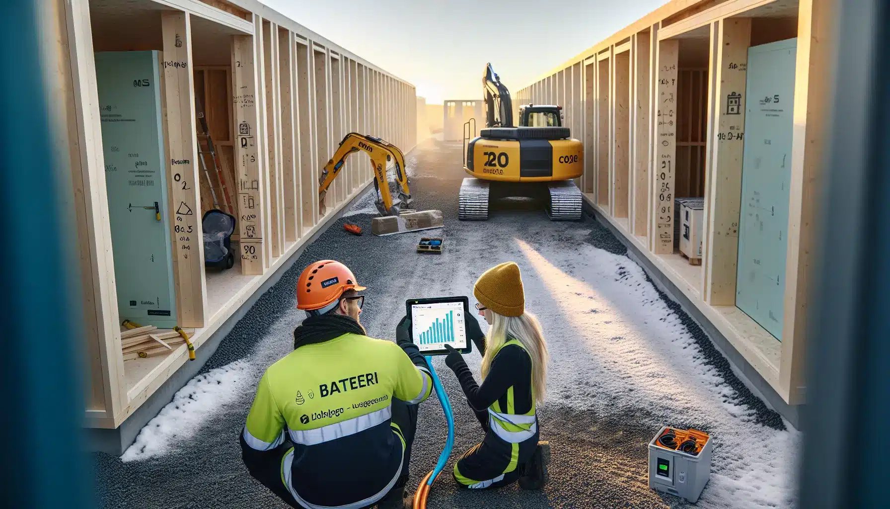 Norwegian construction site with electric machinery low carbon concrete and sorted waste