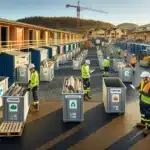 Norwegian construction site with labeled recycling containers and workers sorting materials