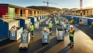 Norwegian construction site with labeled recycling containers and workers sorting materials