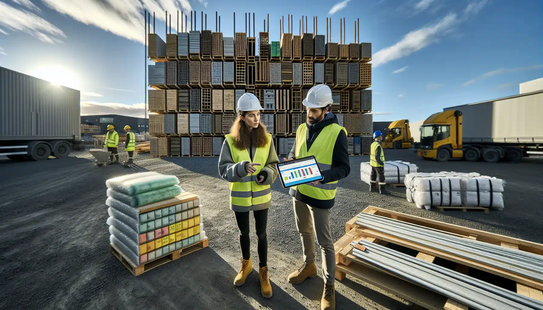 Norwegian construction team reviewing recycled materials and documentation on a tidy site