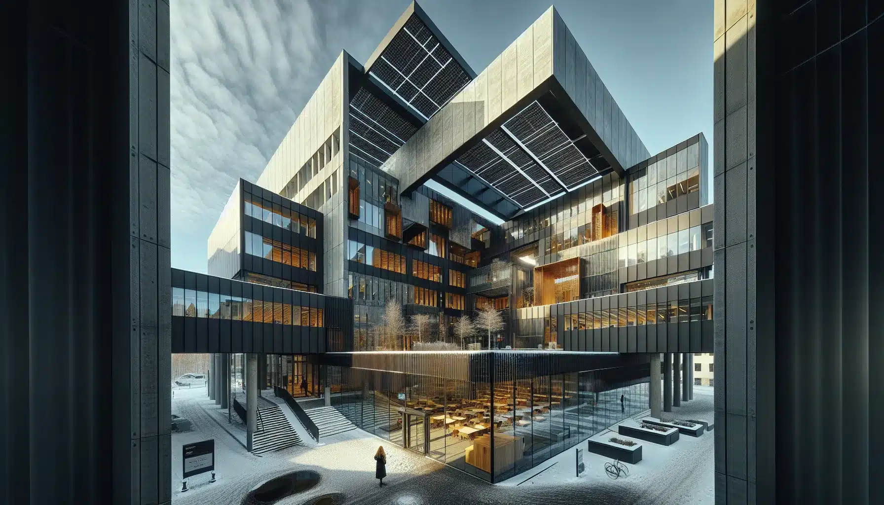 Norwegian office with bipv solar facade and rooftop panels in winter