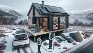 Norwegian smart home with solar panels heat pump and ev in winter light