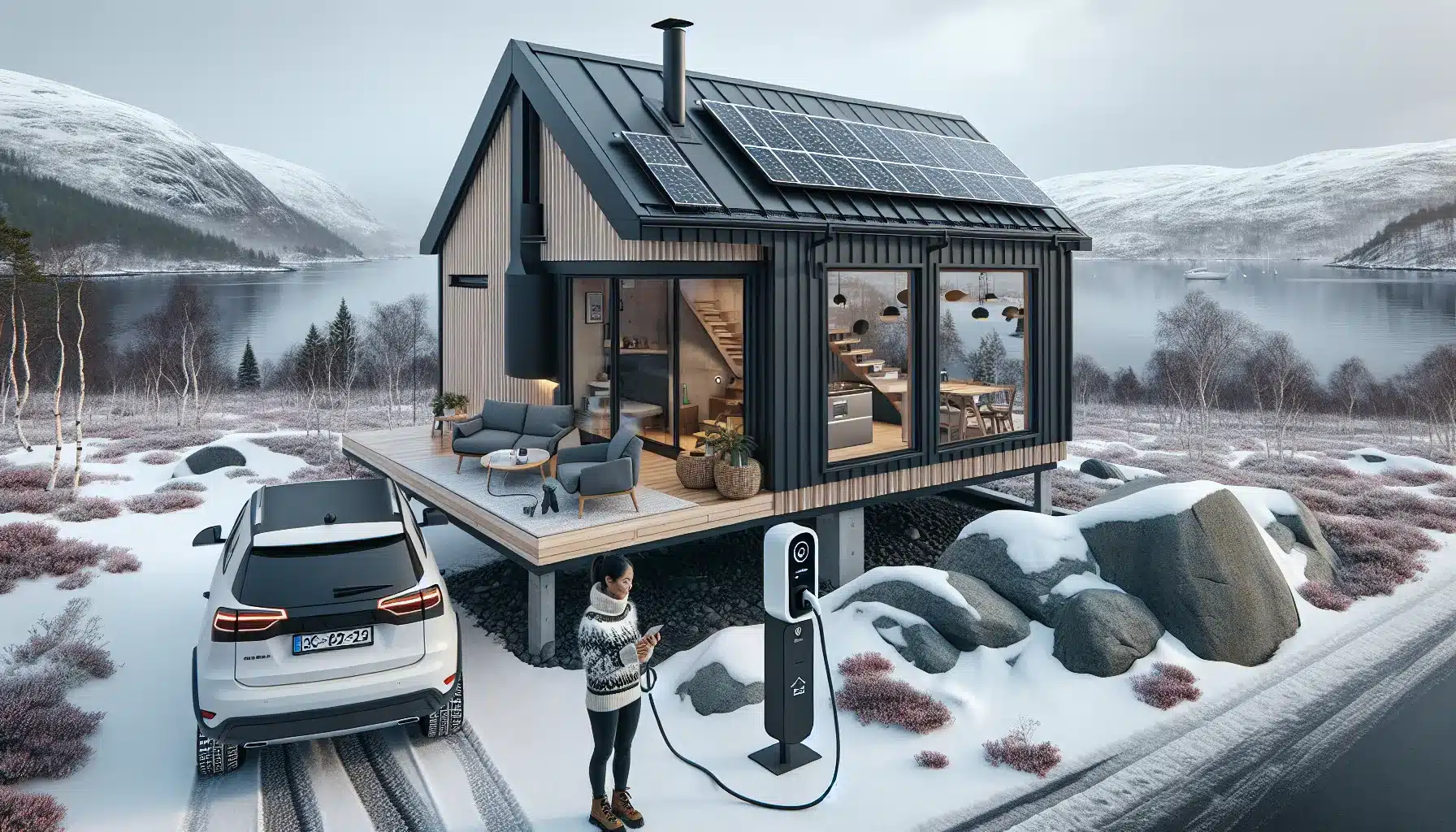Norwegian smart home with solar panels heat pump and ev in winter light