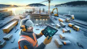 Site manager monitors iot sensors on a norwegian construction site with tablet