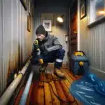 Technician checks damp wall with moisture meter in an older norwegian house