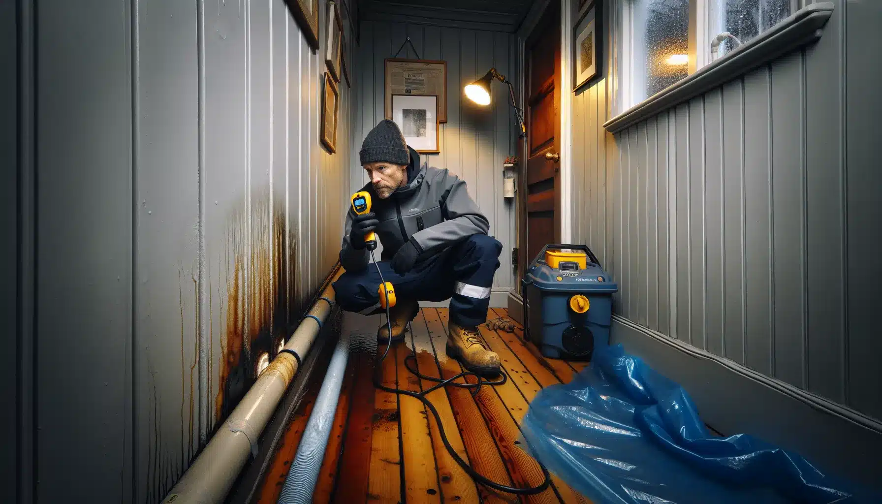 Technician checks damp wall with moisture meter in an older norwegian house