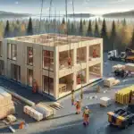 Workers guide a clt panel at a norwegian mass timber construction site