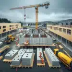 Workers install precast concrete wall and hollow core slabs with crane in norway