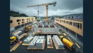 Workers install precast concrete wall and hollow core slabs with crane in norway