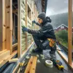Hvordan velge riktig isolasjon for norske værforhold 4 Carpenter sealing vapor barrier over mineral wool in a norwegian house wall