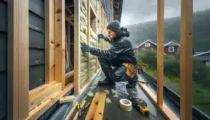 Carpenter sealing vapor barrier over mineral wool in a norwegian house wall