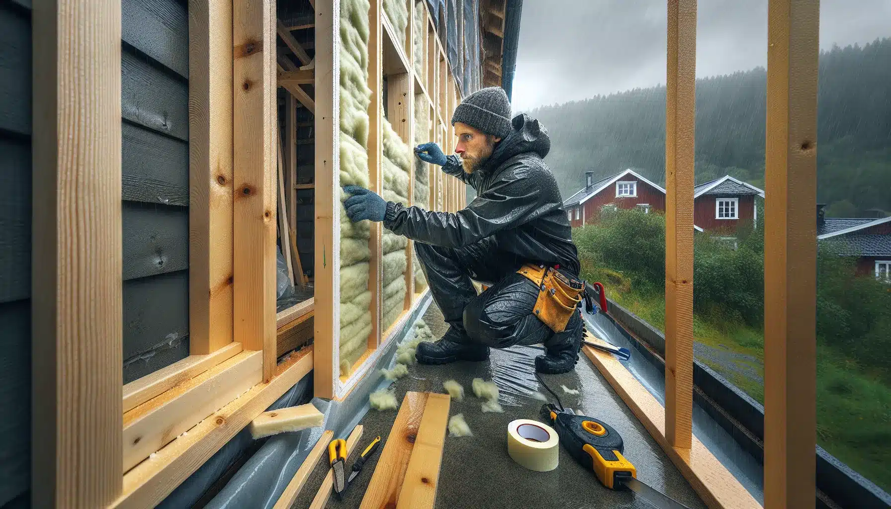 Carpenter sealing vapor barrier over mineral wool in a norwegian house wall