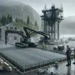 Concrete 3d printer building a wall as engineers monitor cad plans in norway