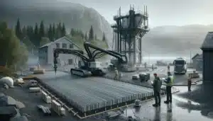 Concrete 3d printer building a wall as engineers monitor cad plans in norway