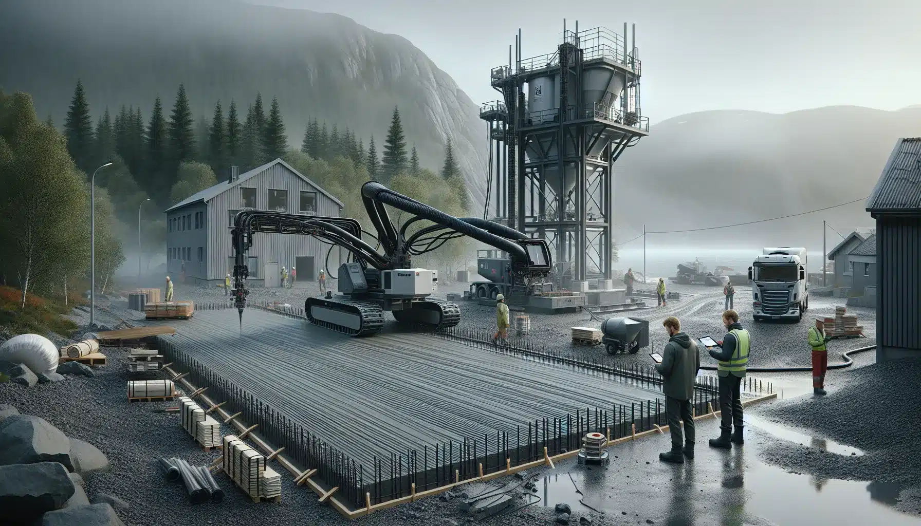 Concrete 3d printer building a wall as engineers monitor cad plans in norway