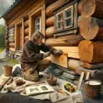Craftsperson repairing an old norwegian log house using traditional gentle methods