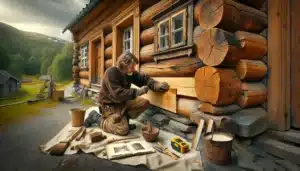 Craftsperson repairing an old norwegian log house using traditional gentle methods
