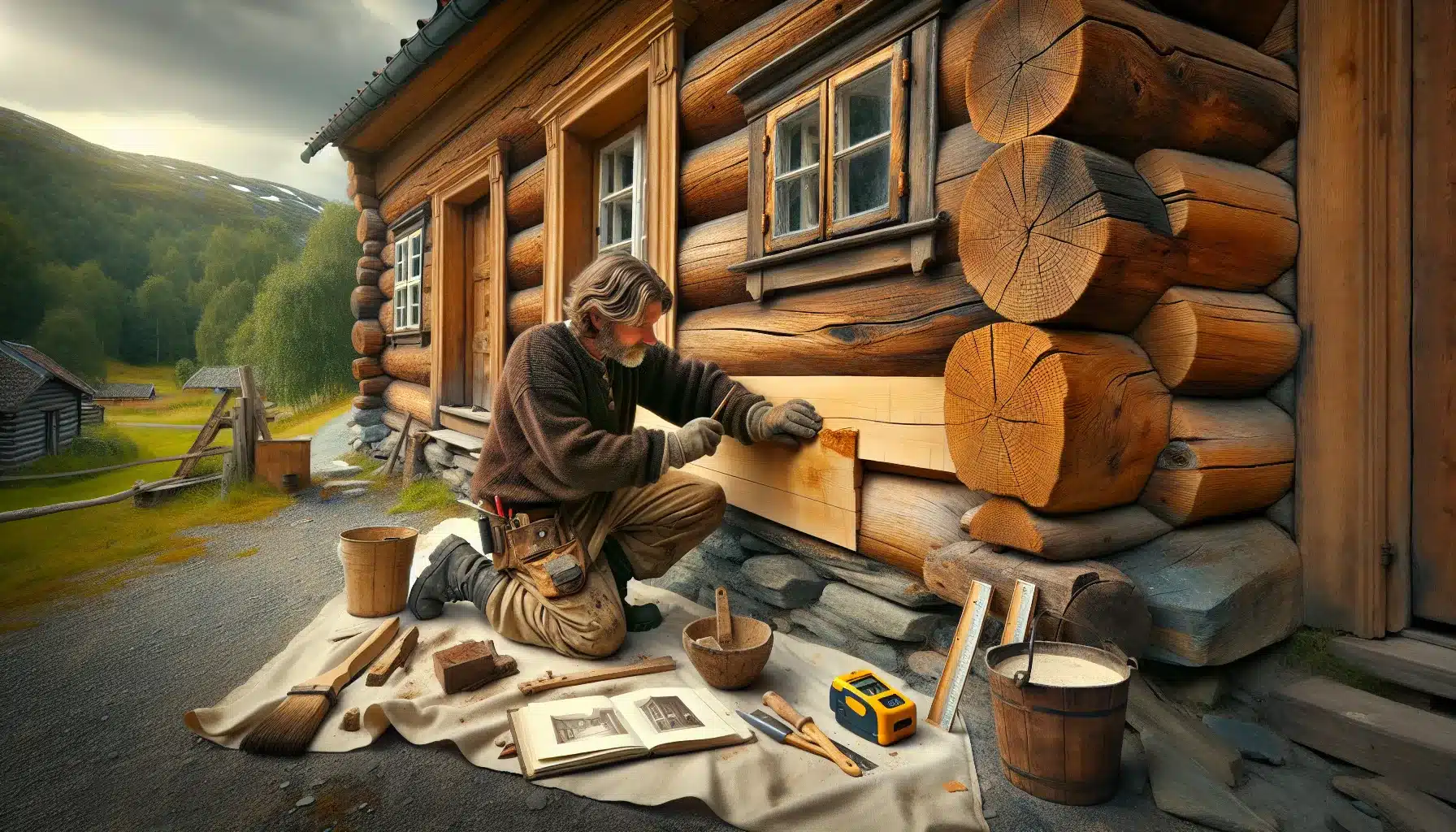 Craftsperson repairing an old norwegian log house using traditional gentle methods