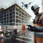 Drone operator inspecting a norwegian construction site with a hovering quadcopter