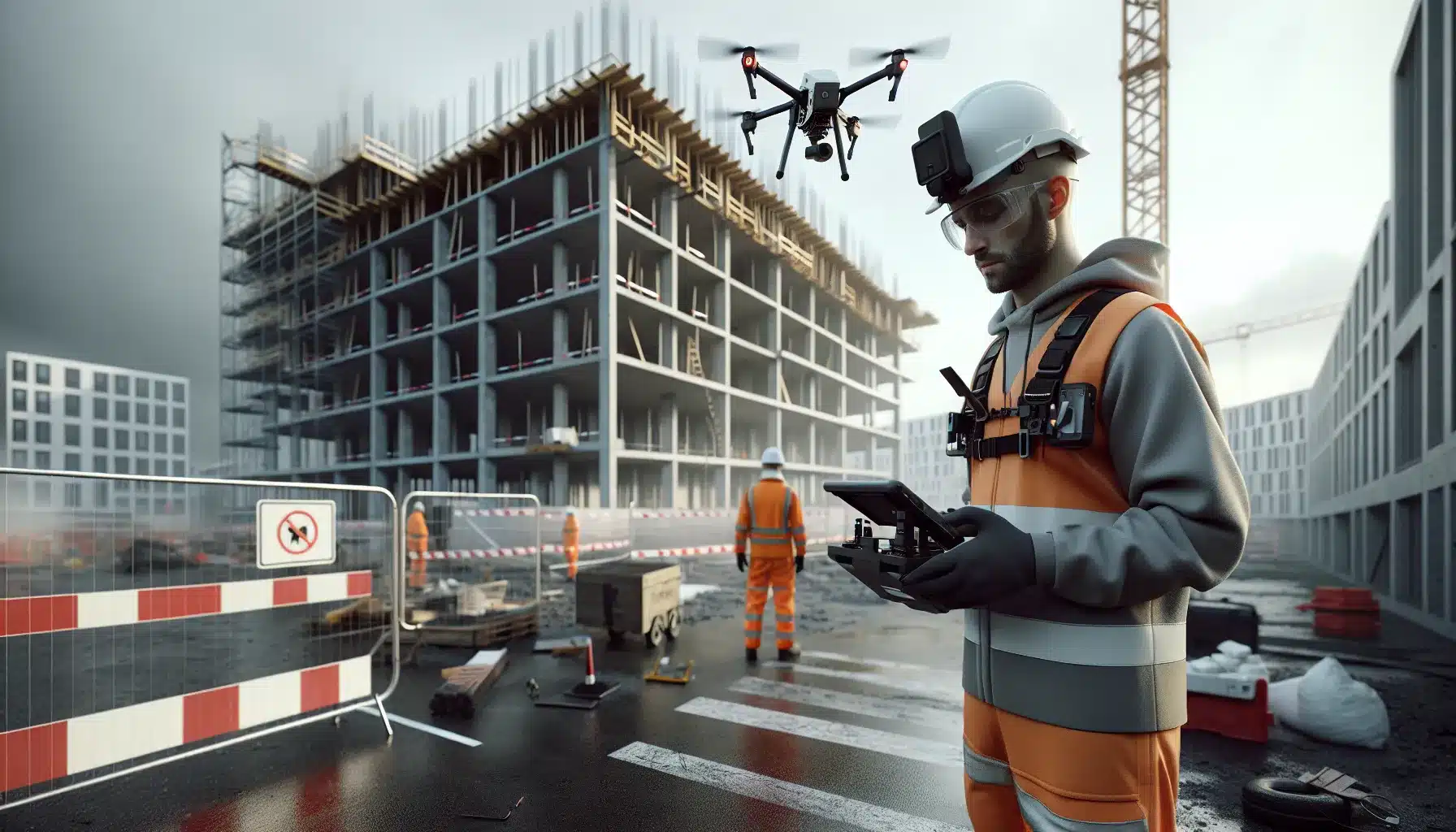 Drone operator inspecting a norwegian construction site with a hovering quadcopter