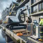 Hva er fremtiden for anleggsmaskiner? Spådommer for byggebransjen 3 Electric excavator charging on an oslo construction site as operator checks tablet