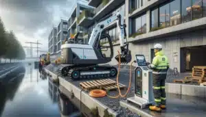 Electric excavator charging on an oslo construction site as operator checks tablet
