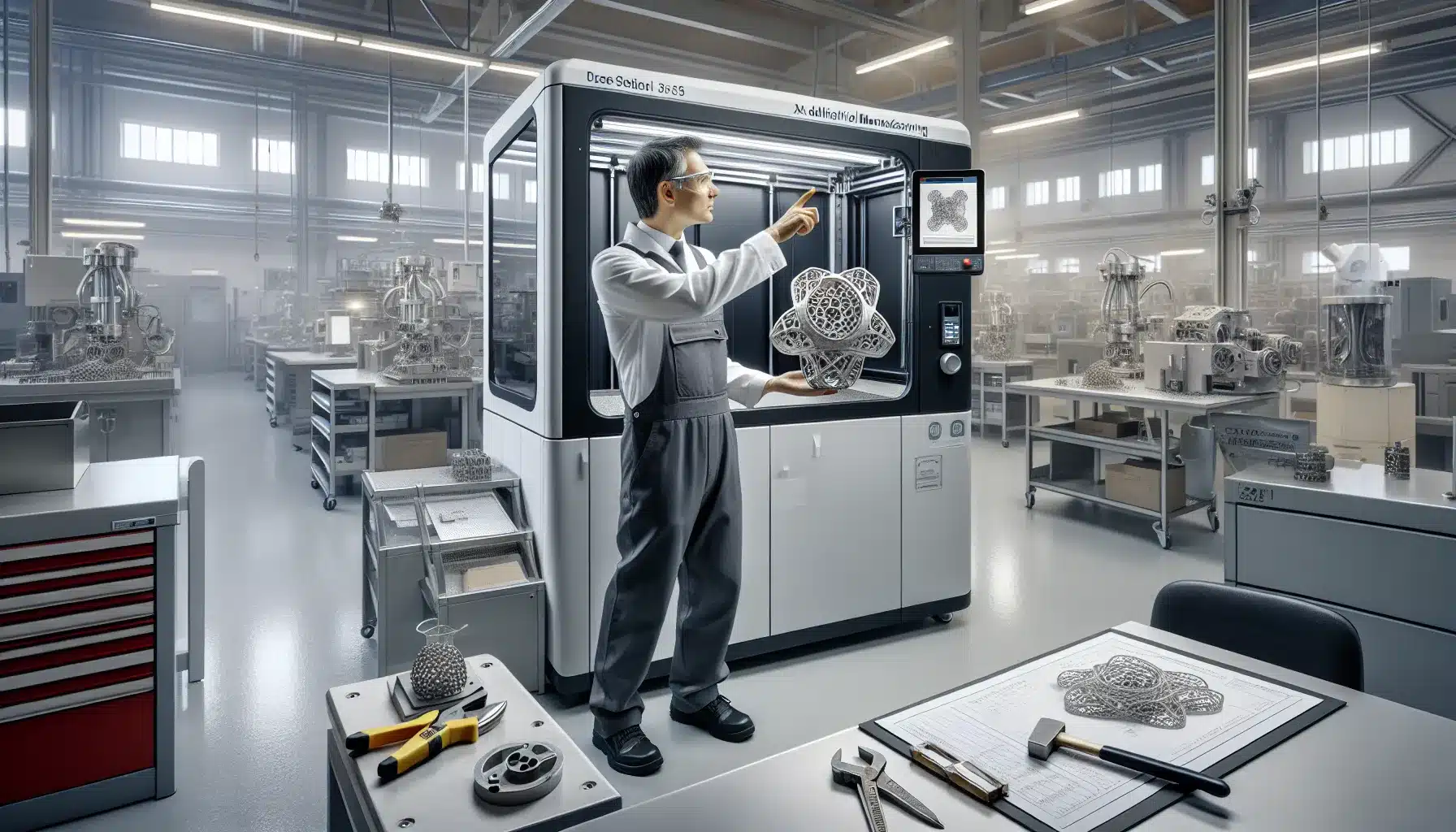 Engineer inspecting a metal 3d printed machine part in a norwegian workshop