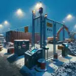 Fenced norwegian construction site at dusk with cameras lights and locked gate