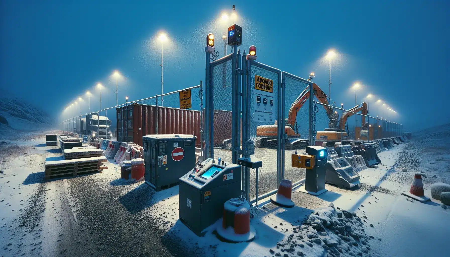 Fenced norwegian construction site at dusk with cameras lights and locked gate