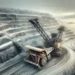 Giant mining excavator loading an ultra class dump truck in a norwegian quarry