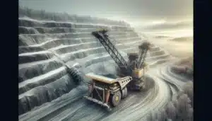 Giant mining excavator loading an ultra class dump truck in a norwegian quarry