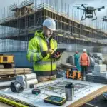 Norwegian construction manager using a tablet with bim while a drone surveys site