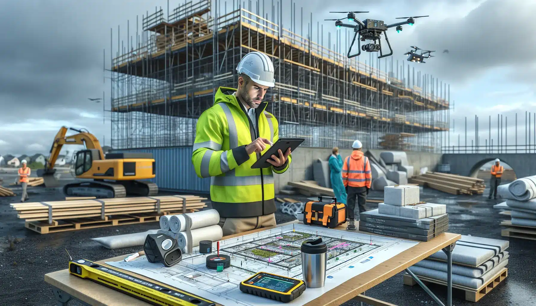 Hvordan bruke ai og maskinlæring i byggebransjen 1 Norwegian construction manager using a tablet with bim while a drone surveys site